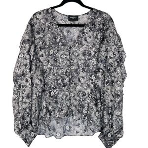 The Kooples Black Silver Floral Sheer Top Sz XL Ruffle Oversized Fairy